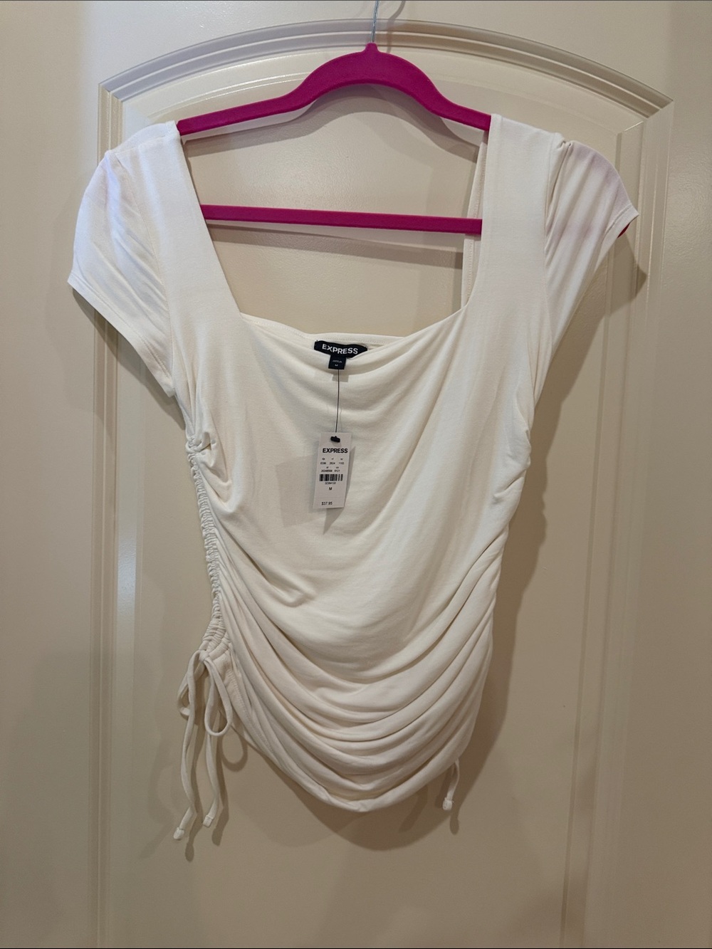 Express White Scoop Neck Ruched Side Crop Top